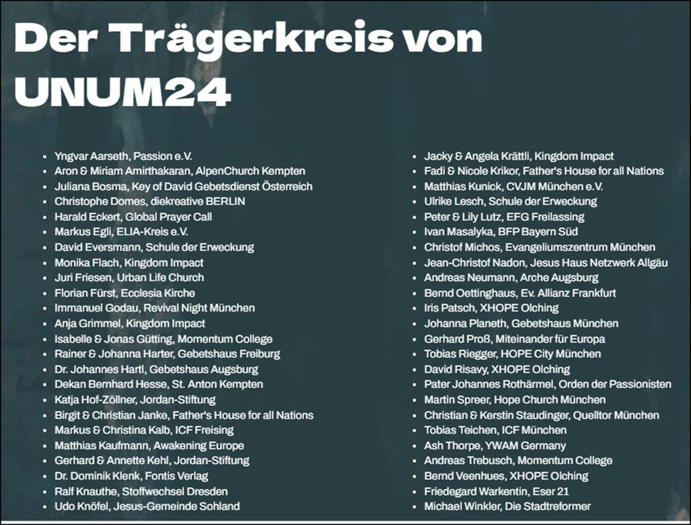 Da 57 Personen/Organisationen zum Trägerkreis gehören können beispielhaft nur einige wenige genannt werden, die im Screenshot zu lesen sind. Johanna Planeth Gebetshaus München, Tobias Teichen, ICF München, Matthias Kaufmann, Awakening Europe.