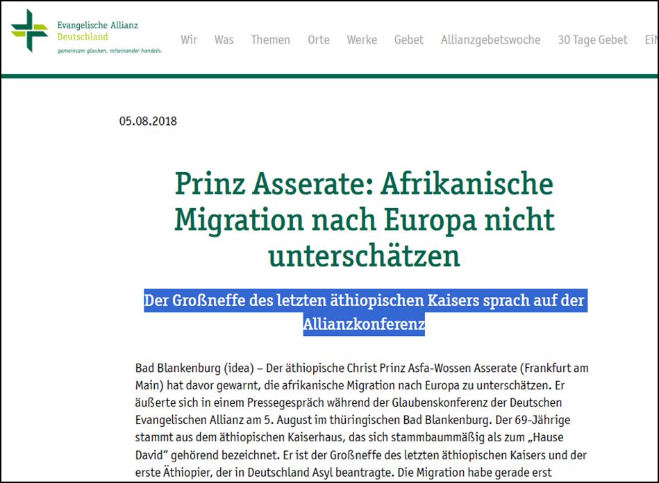 Auszug von der EAD: „Der Großneffe des letzten äthiopischen Kaisers sprach auf der Allianzkonferenz“.