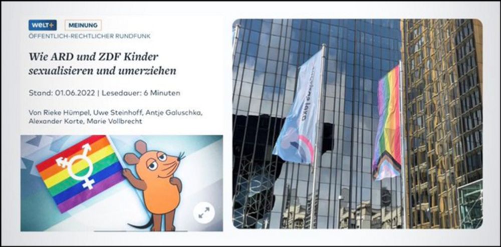 Auf der linken Seite ist die Maus zu sehen. Sie hält eine Regenbogenfahne für alle Geschlechter hoch. Darüber steht: „Wie ARD und ZDF Kinder sexualisieren und umerziehen“. Auf der rechten Seite ist vor einem großen Gebäude die Regenbogenfahne zu sehen.