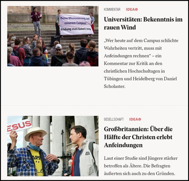 „Großbritannien: Über die Hälfe der Christen erlebt Anfeindungen“ und „Universitäten: Bekenntnis im rauen Wind“. Ein Screenshot von idea.