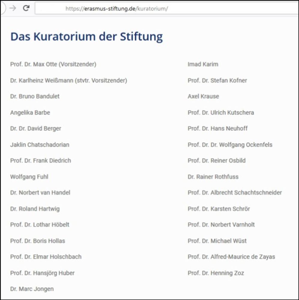 Im Screenshot sind sämtliche Kuratoriumsmitglieder der Desiderius-Erasmus-Stiftung aufgeführt. Darunter auch Elmar Holschbach.