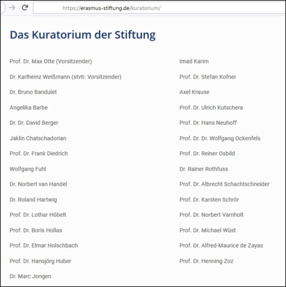 Im Screenshot sind sämtliche Kuratoriumsmitglieder der Desiderius-Erasmus-Stiftung aufgeführt. Darunter auch Elmar Holschbach.