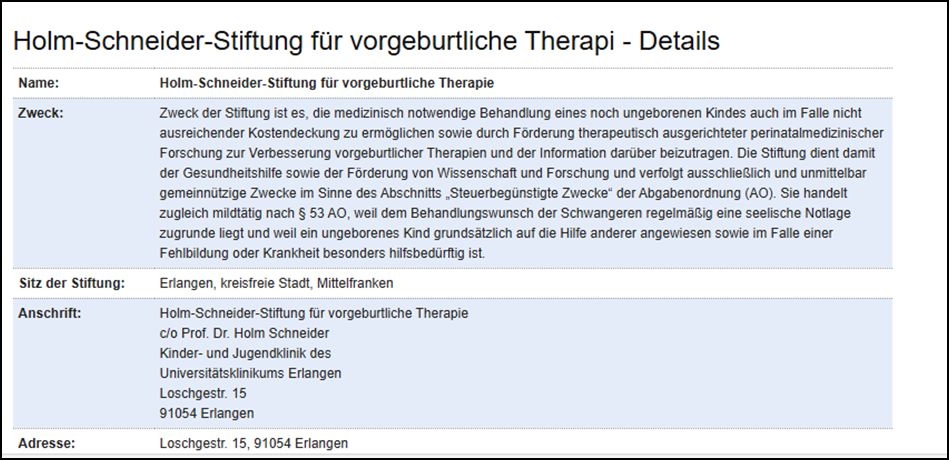 Zweck der Stiftung ist es, die medizinisch notwendige Behandlung eines noch ungeborenen Kindes auch im Falle nicht ausreichender Kostendeckung zu ermöglichen sowie durch Förderung therapeutisch ausgerichteter perinatalmedizinischer Forschung zur Verbesserung vorgeburtlicher Therapien und der Information darüber beizutragen. Die Stiftung dient damit der Gesundheitshilfe sowie der Förderung von Wissenschaft und Forschung und verfolgt ausschließlich und unmittelbar gemeinnützige Zwecke im Sinne des Abschnitts „Steuerbegünstigte Zwecke“ der Abgabenordnung (AO). Sie handelt zugleich mildtätig nach § 53 AO, weil dem Behandlungswunsch der Schwangeren regelmäßig eine seelische Notlage zugrunde liegt und weil ein ungeborenes Kind grundsätzlich auf die Hilfe anderer angewiesen sowie im Falle einer Fehlbildung oder Krankheit besonders hilfsbedürftig ist.