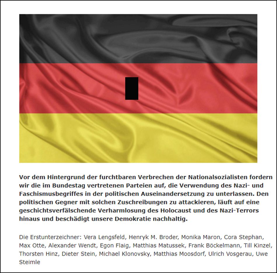 Screenshot von Journalistenwatch. Der Artikel beginnt mit einer schwarz-rot-goldenen Fahne und im roten Block wurde ein schwarzes Rechteck eingefügt. Die Erstunterzeichner*innen waren: Vera Lengsfeld, Henryk M. Broder, Monika Maron, Cora Stephan, Max Otte, Alexander Wendt, Egon Flaig, Matthias Matussek, Frank Böckelmann, Till Kinzel, Thorsten Hinz, Dieter Stein, Michael Klonovsky, Matthias Moosdorf, Uwe Steimle und Ulrich Vosgerau.
