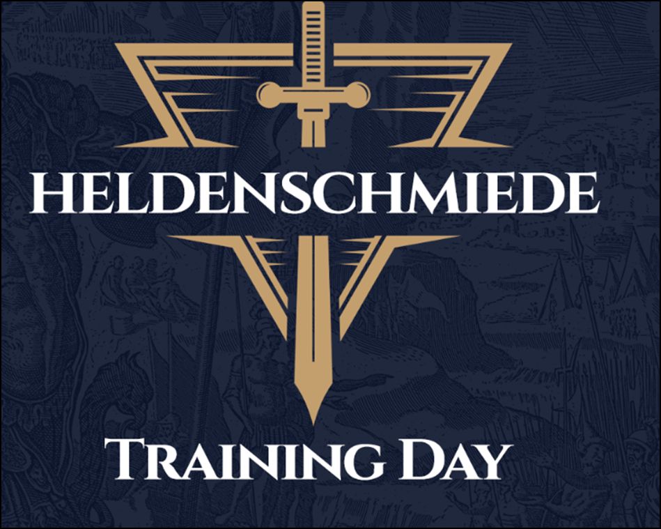 Das Logo von Heldenschmiede Training day. Zu sehen sind ein braunes Schwer mit braunem dreieckigen Schild darunter die Aufschrift Heldenschmiede Training Day. Im Hintergrund sind auf anthrazit auf dunklem grau Drachen zu sehen und Kämpfer.