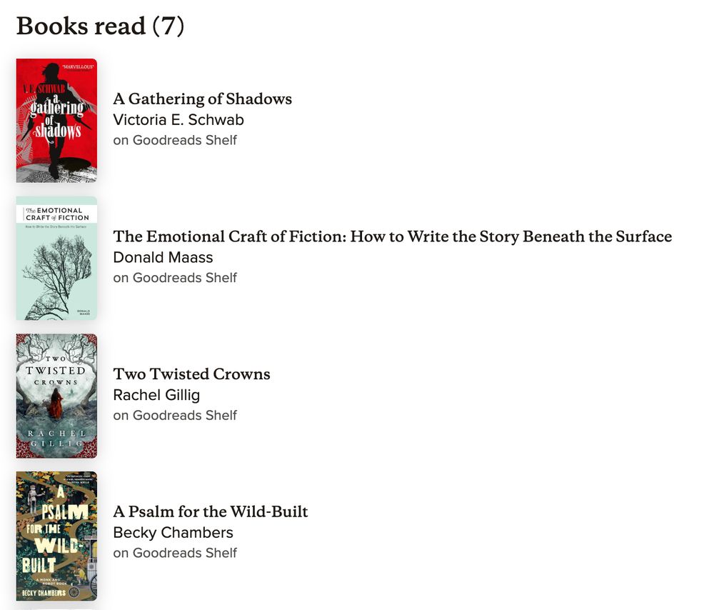A Gathering of Shadows, Emotional craft of fiction, Two twisted crowns, A psalm for the wild-built