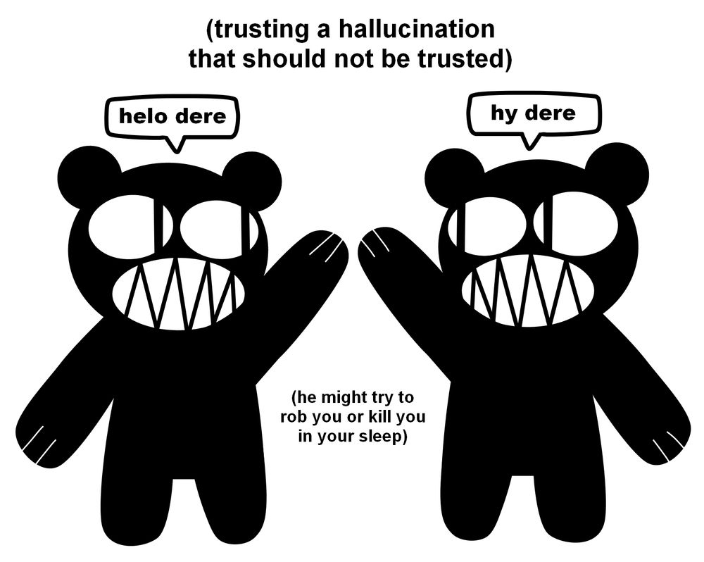 Manic Bear talking to a hallucination of a fellow blinking bear.