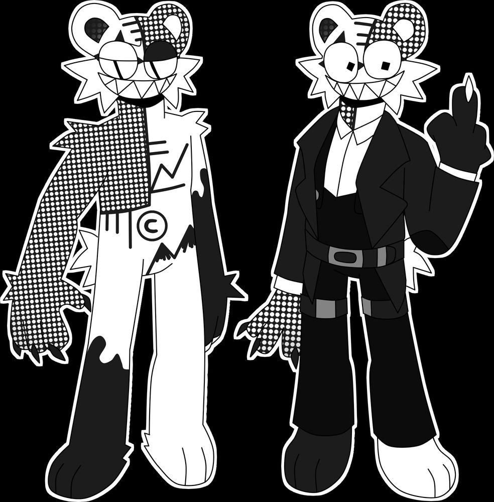 Trademark's reference. He's a humanoid modbear with white and black patterns. His outfit is a suit with overalls.
