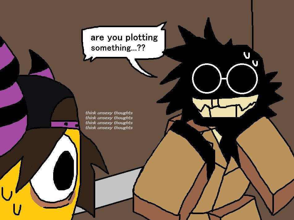 A doodle of Bive and Purge (my OC) in the regretevator. Bive is looking anxiously at Purge asking "Are you plotting something??". Purge, who looks equally anxious, is thinking "think unsexy thoughts" repeatedly to themselves.