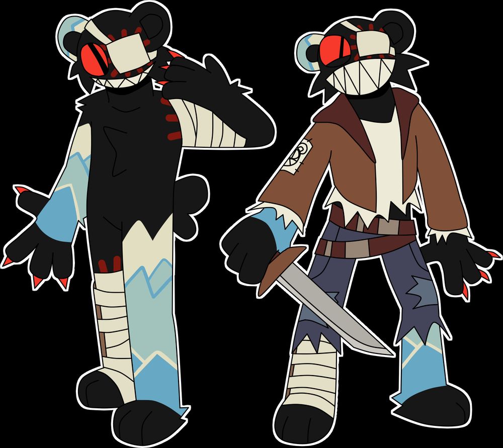 Peak's reference. He's a humanoid modbear with black, blue, white, and red patterns. His outfit is a scrappy jacket with torn up jeans, bandages, and an eyepatch.