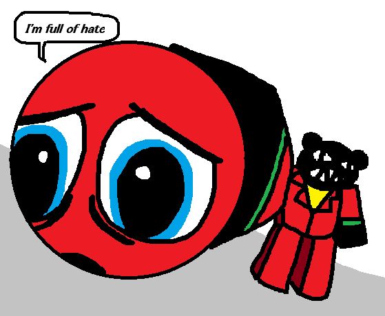 An extreme POV shot of my roblox avatar holding the Red Teddy item from Regretevator (otherwise known as the distressed red ball) while it comments on how it is full of hate.