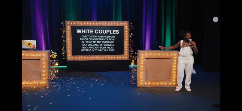 The sign reads:
White Couples love to stop and hash out minor disagreements right in front of the entrance to a building effectively blocking anybody from getting into said building.