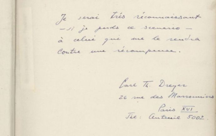 Note manscurite de Dreyer sur le scénario original de Vampyr, scénario numérisé par le Danish Film Institute
