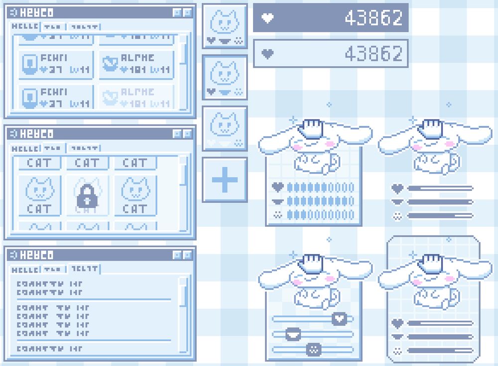 Screenshot of an Aseprite project for a clicker game with a cute pastel palette and a Windows-like UI