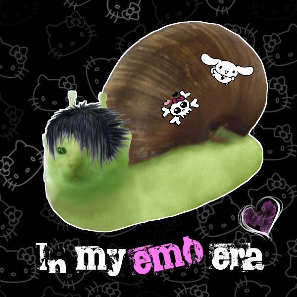 The image depicts an emo glorp cat snail that is about to break down because it doesn't fit into society, no matter how hard it tries