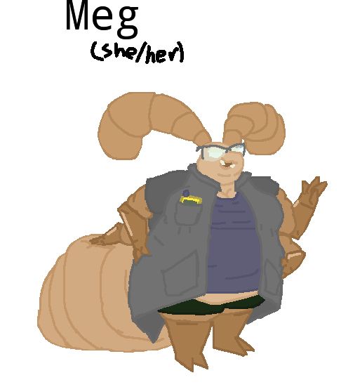 Meg, a fat termite wearing glasses, a grey labcoat with a blue-grey shirt underneath, and black shorts.