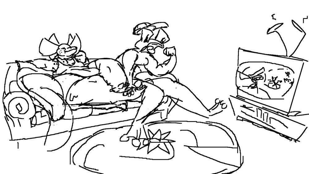 A black and white sketch of two characters, an axolotl and frog, sitting on a sofa watching a baseball game on a chunky television set. The frog lady excitedly shouts, while the axolotl lounges with her legs crossed, taking up most of the sofa.  there is a lily pad carpet on the floor.