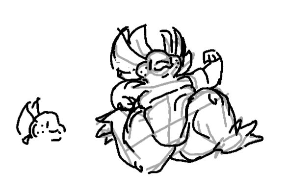 A black and white sketch of a fat axolotl character in a running pose. The underlying pose lines are visible. another small sketch of her head is present to the left.