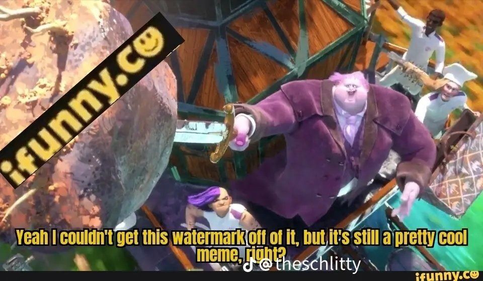 Meta meme: Big Jack Horner from Puss in Boots: The Last Wish pulls out Excalibur, but it's still in a boulder. The boulder has been labeled with an "ifunny" watermark, and Jack says "Yeah I couldn't get this watermark off of it, but it's still a pretty cool meme, right?"