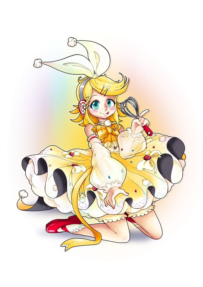 An anime drawing of Rin Kagamine holding a heart-shaped baking whip and wearing a super puffy, yellow dress with gumdrops on it, red shiny shoes and has her tongue out!