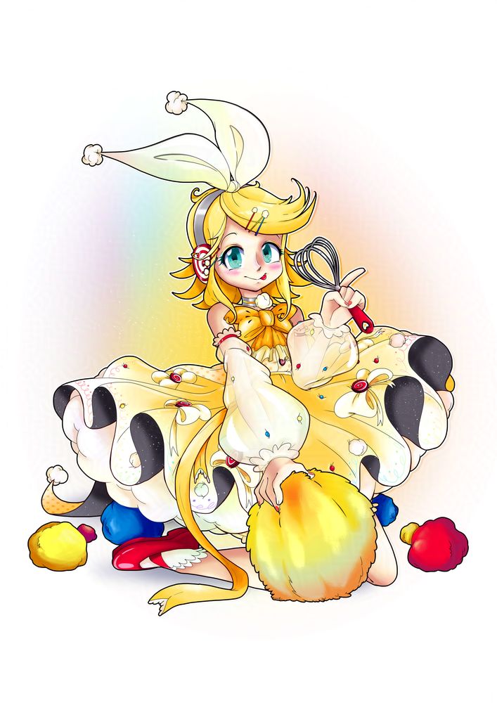 The same as the first image but with her holding colorful pompom's that are on the ground instead!