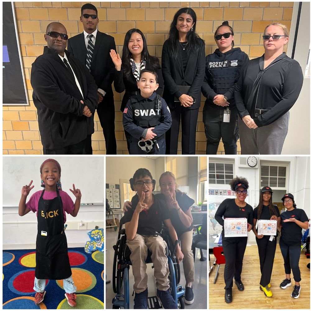 Collage of 5 pictures showing students and staff alike embracing this past week's spirit week leading up to HMS's founders day that included pajama day, fun hat/hair day, sports day, twin day, and future career day.