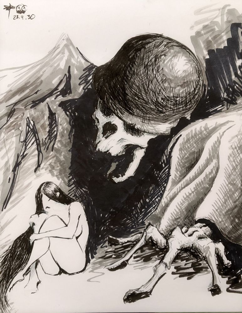 Brush pen and marker sketch of a big skeleton monster towering over a woman sitting with her back towards it. The monster's wearing a WW2-era helmet and rags, with its hand placed on the ground next to her.