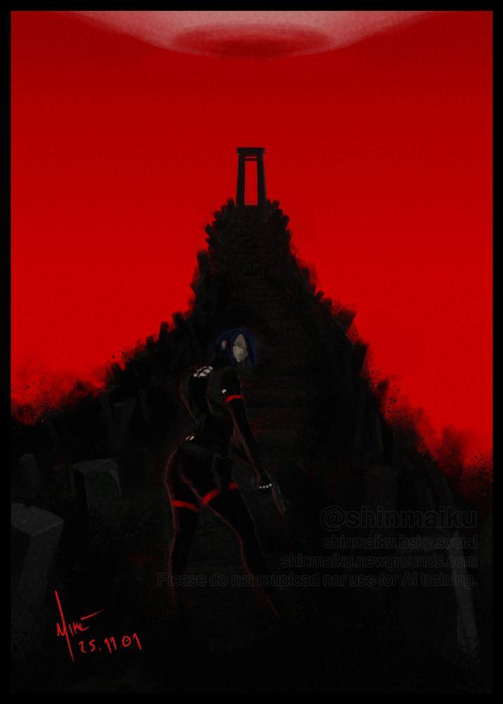 IP: Signalis. A digital painting of Elster facing towards and approaching the red gate with gun in hand, with her head turned back towards the viewer.