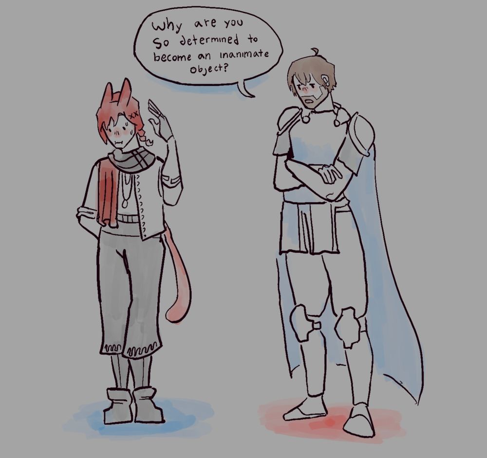 The warrior of light asking graha why he's so determined to become an inanimate object.