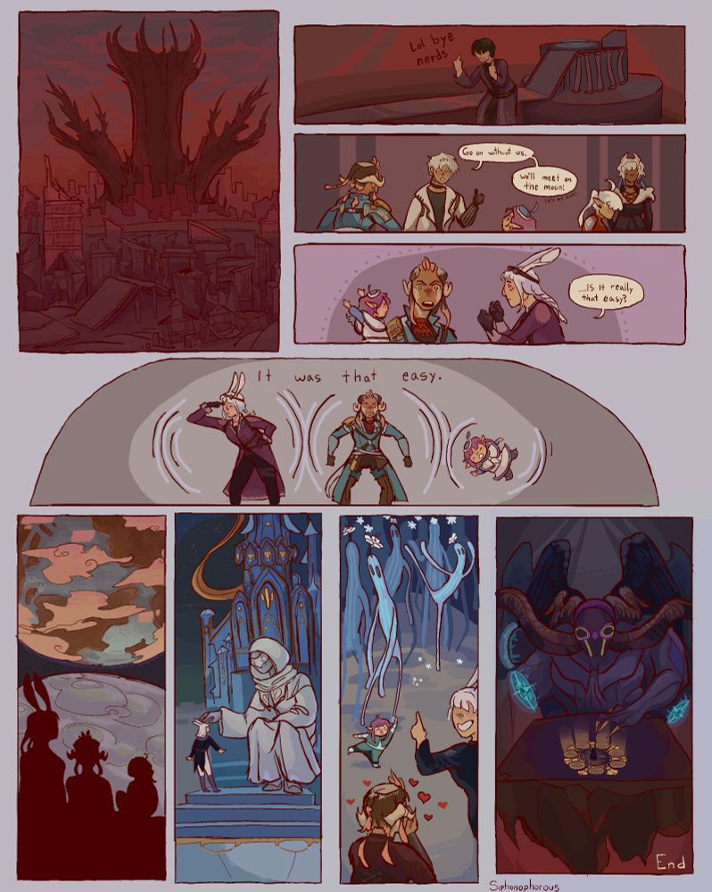 Finally in Garlemald, far closer to the moon than the heroes realize, Fandaniel  flips them off and teleports away. (Lol bye nerds)
Thancred: "Go on without us. We'll meet on the moon!" (It'll be fine!)
Jill: "...Is it really that easy?"
They arrive on the moon. It was, in fact, that easy.
In the rest of the panels they finally get to enjoy the fruits of their labors. Seeing the moon sights, meeting the watcher, falling in love with the Lunatenders, and of course fighting Zodiark! (No one said the moon would be easy) The comic ends there, thank you for reading my silly saga!