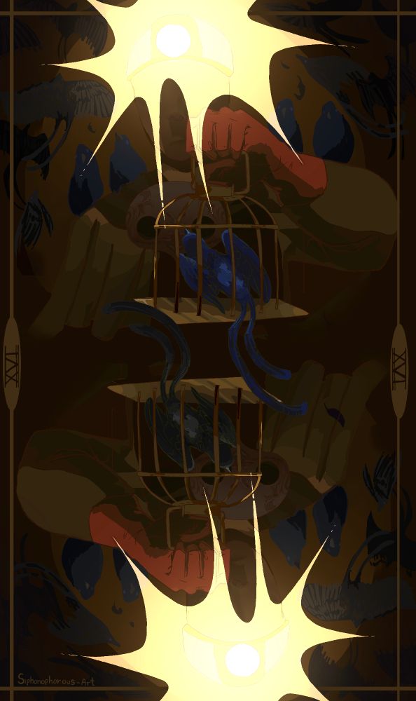 A tarot card style drawing of a person holding out a caged blue starbird. Their face is completely obscured by the light from a headlamp and multiple birds are swarming the space behind them. The same is mirrored in the bottom half of the drawing.