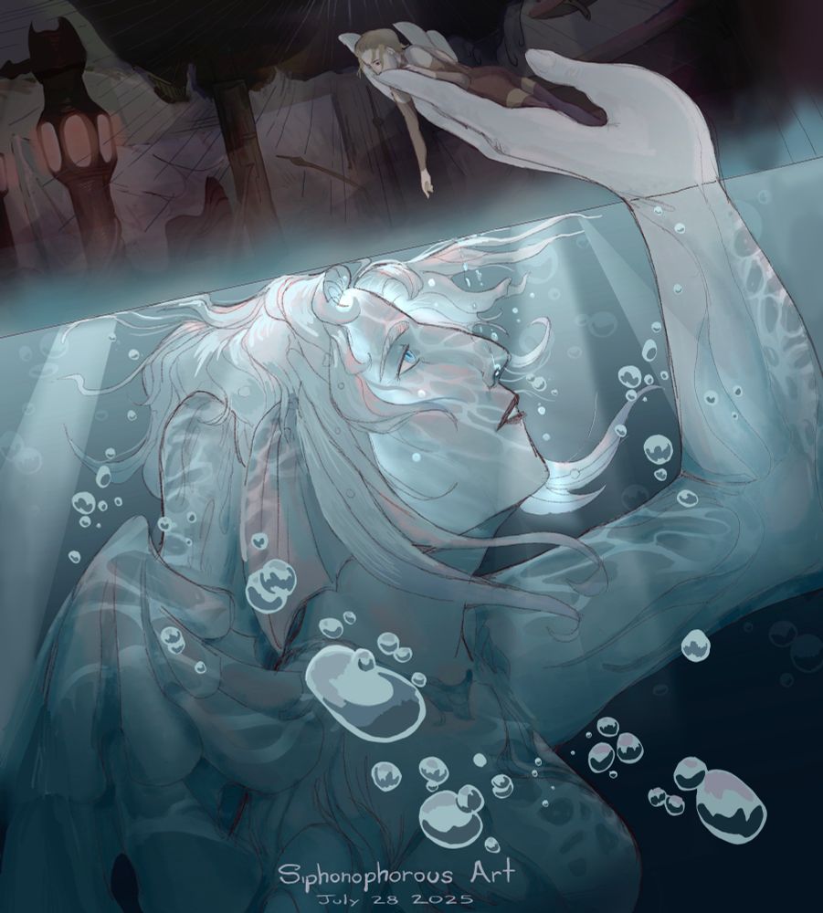 Hydaelyn, her head underwater holds her hand above the surface lifting up a warrior of light. Laying in her giant palm, their face pressed against her finger and their hand dangles limply down to her as they lock eyes