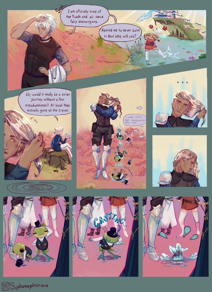 A short and silly comic about the Warrior of Light discovering a stowaway Fuath (water spirit) hiding in their drenched hair. The Fae falls out of their hair as they're drying off, then it promptly escapes retaliation by turning into a puddle, leaving our heroes bewildered. That's the whole thing.