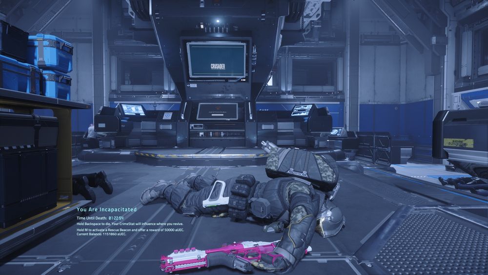 Blaqkstar with his Hello Kitty Karna laser rifle, incapacitated in front of the terminal he needed to use to wipe his crimestat