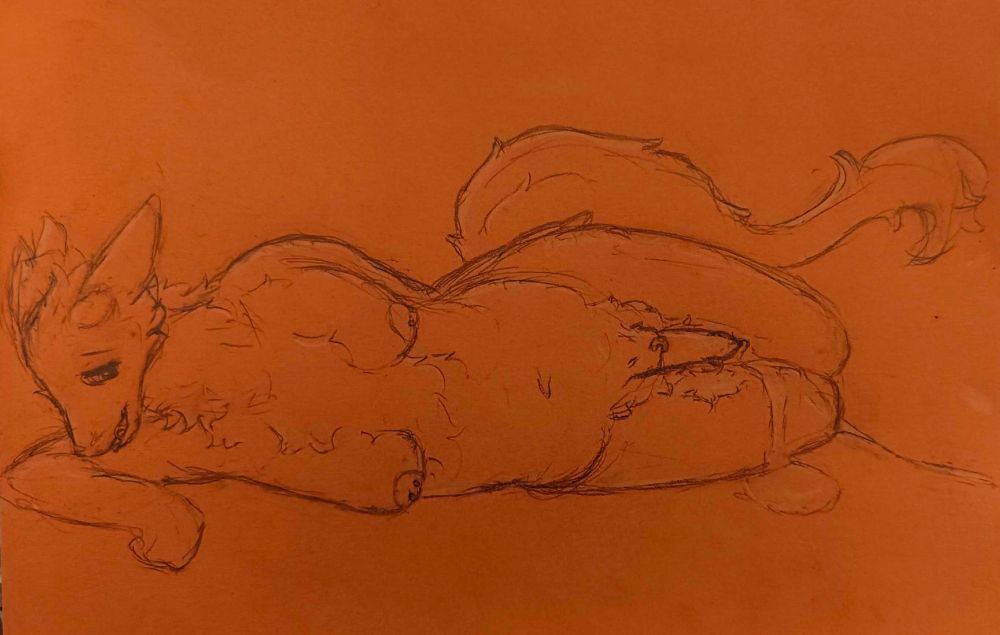 sketch of a fluffy dragon lady reclining, she looks reeeeeal pent up