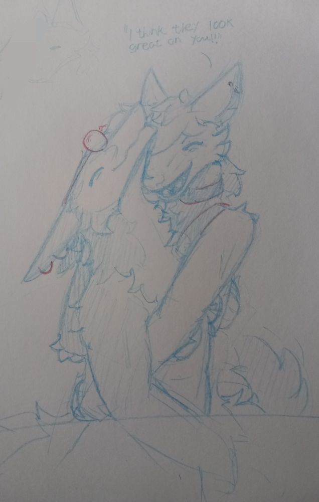 a rough sketch where an anthro canine is embracing a sergal. text: "I think they look great on you!!"