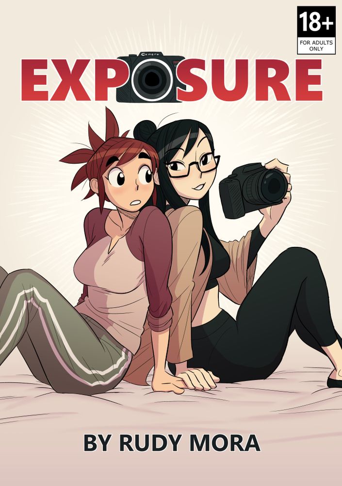 Cover for Exposure by Rudy Mora. Two women sitting back to back on a bed with their hands touching. One woman is holding up a digital camera.
