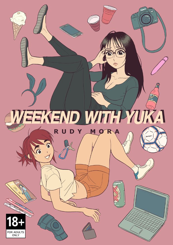 Cover for Weekend With Yuka by Rudy Mora. Two women are floating with an assorted collection of meaningful objects scattered around them. One woman has a stressed face and the other is cheerful and relaxed.
