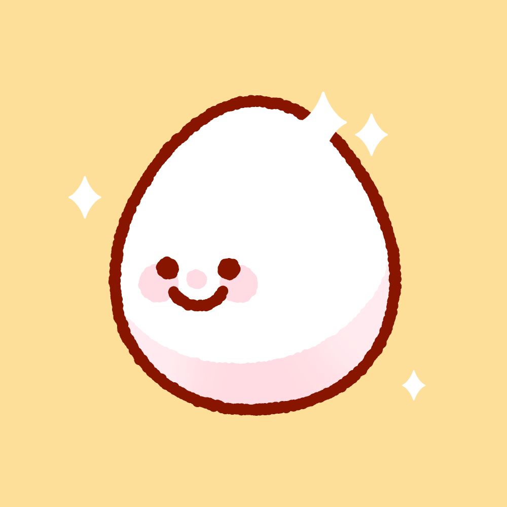 a silly egg character with a smiley face on a yellow background (also very shiny yaay)