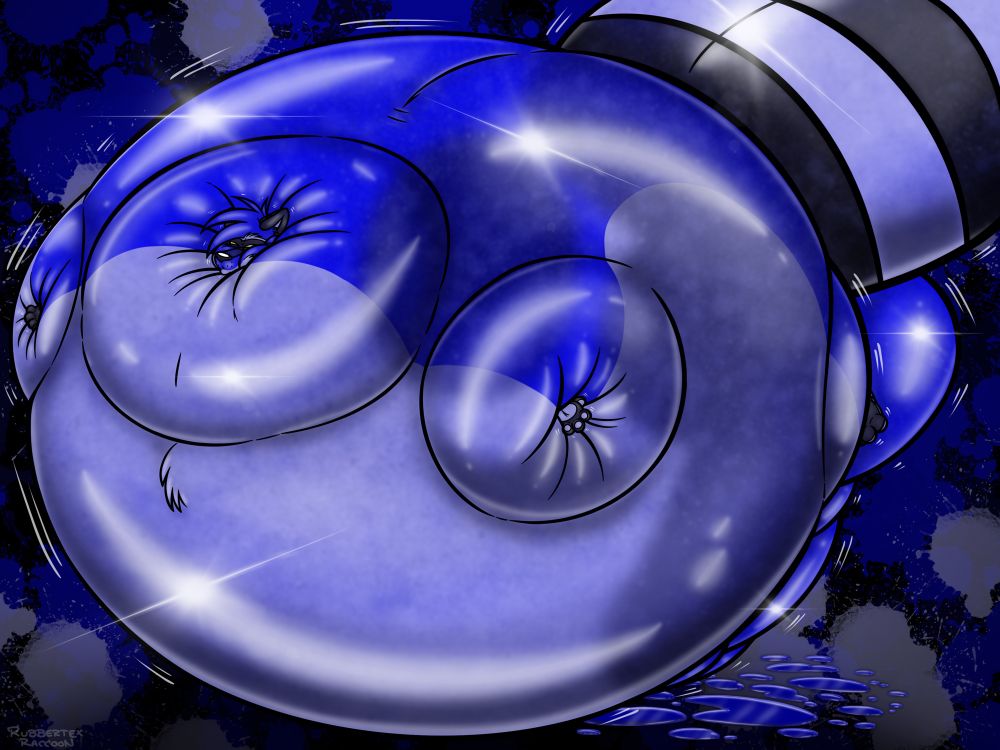 Rubbertex Raccoon swollen taut and leaking with the blueberry juice pressure building up. 