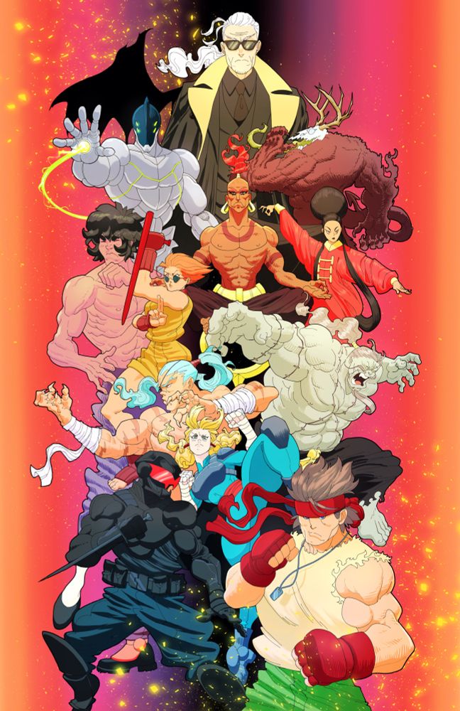 A vertical cover image for a ttrpg inspired by classic fighting games. Twelve fighters in various poses overlap one another, surrounded by over saturated colors and flame sparks.