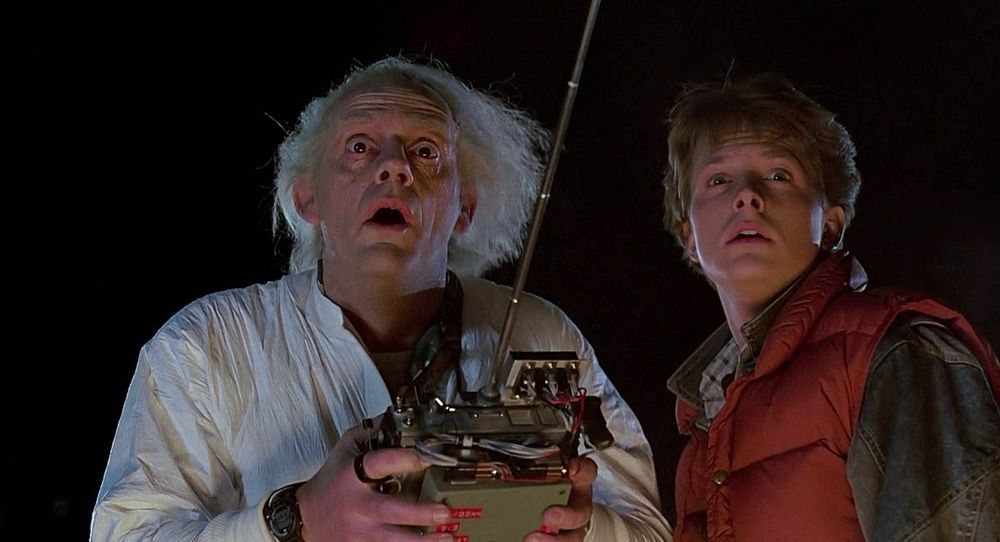 Doc Brown and Marty McFly look stunned in a clip from “Back to the Future”