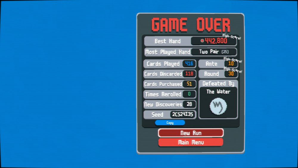 Game over Balatro screen.