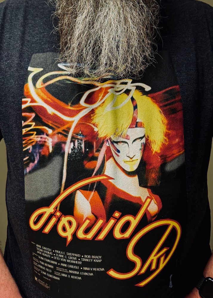 Bearish man in a “Liquid Sky” movie poster t-shirt