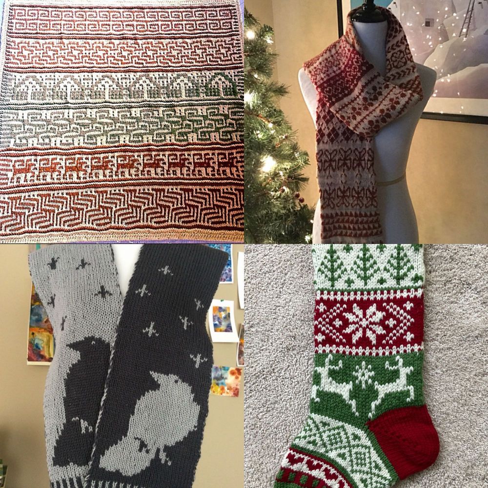 Four photos of knit projects in a grid. Top left is a mosaic baby blanket. Top right is a colorwork scarf. Bottom left is a double knit scarf with birds and bird tracks. Bottom right is a Christmas stocking.