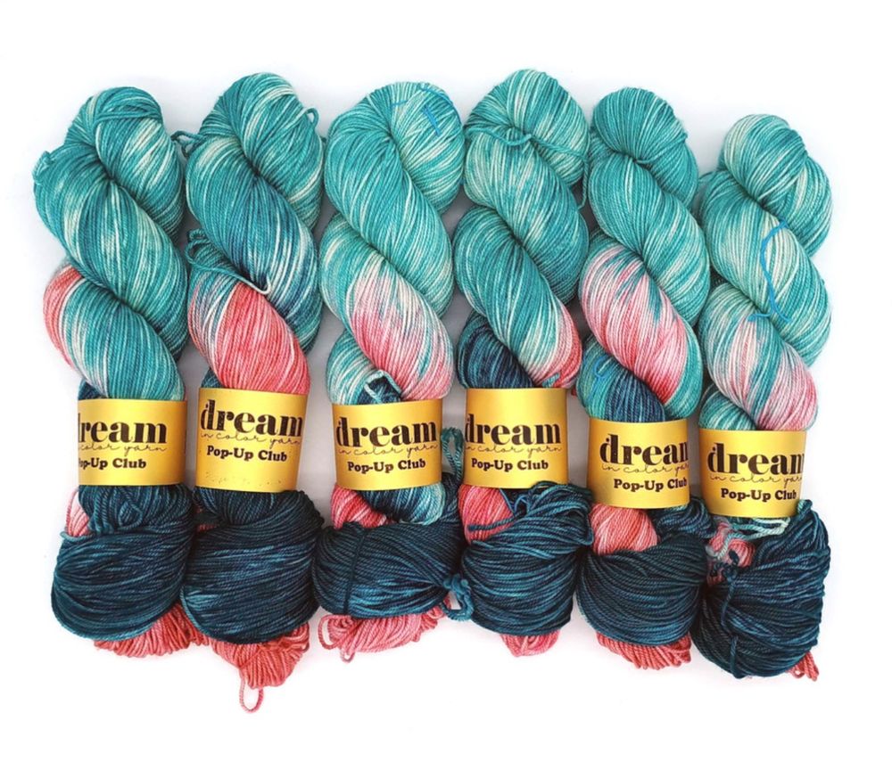Six skeins of dream in color in the Kiss Me color that I thought I would receive. It has very deep teal blue and deep coral as well as a brighter teal. 
