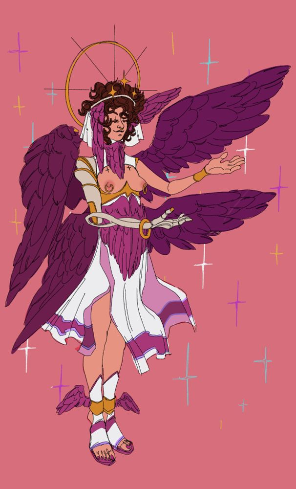 An angel bearing many wings gestures openly, revealing a serene expression, and an artificial gilded arm gifted to her by her god.