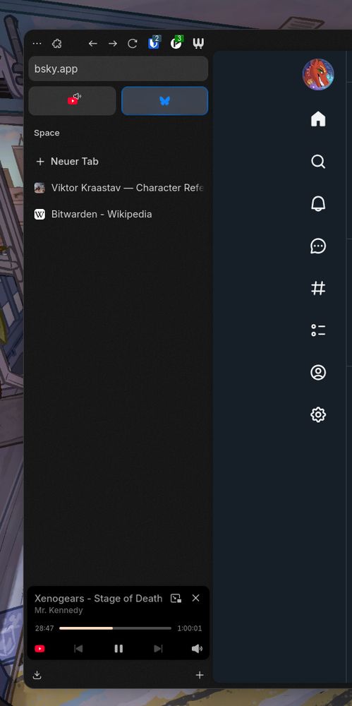 Screenshot of Zen Browser. The sidebar shows a couple tabs open. A mini player widget with playback controls is at the bottom.