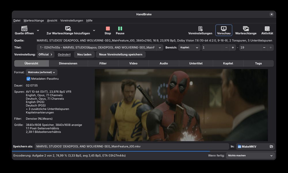 Handbrake video transcoder. The current video file in 4K HDR resolution is processing at an average rate of 3.45 frames per second.