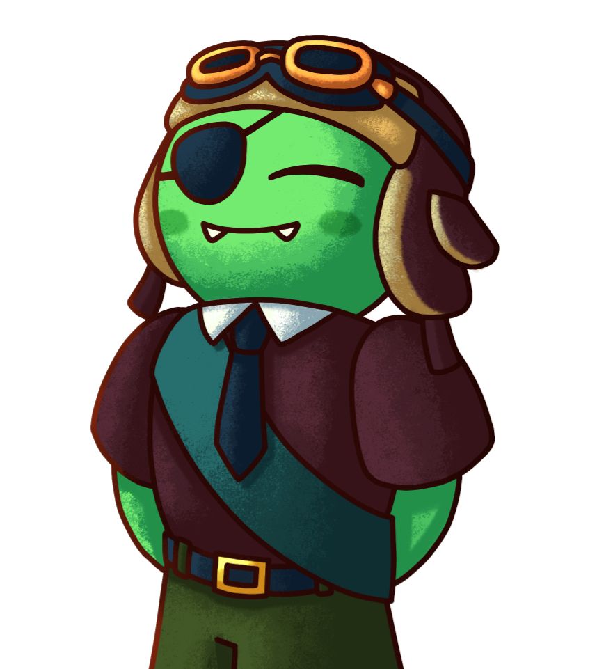 a happy lil green guy dressed in his freshly pressed scout outfit with an eye patch and pilot hat ready to climb the tallest PEAK

art by RoyallyMad